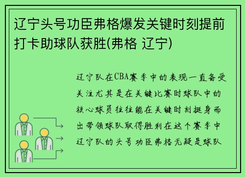 辽宁头号功臣弗格爆发关键时刻提前打卡助球队获胜(弗格 辽宁)