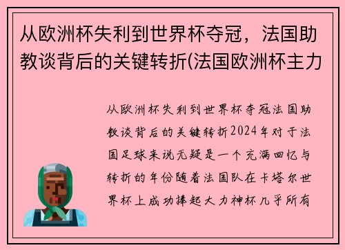 从欧洲杯失利到世界杯夺冠，法国助教谈背后的关键转折(法国欧洲杯主力2020)