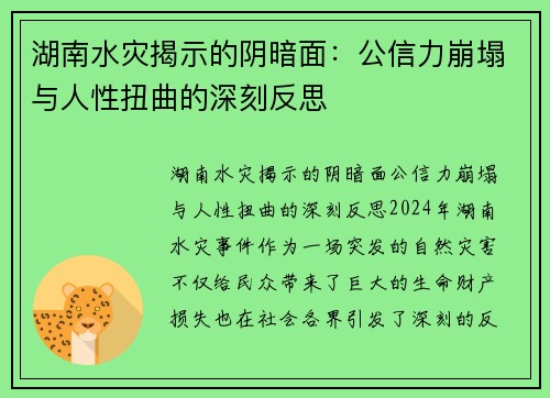 湖南水灾揭示的阴暗面：公信力崩塌与人性扭曲的深刻反思