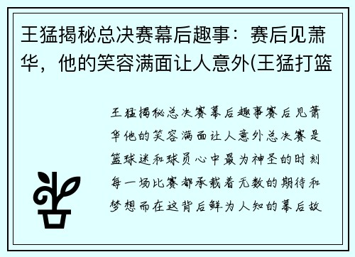 王猛揭秘总决赛幕后趣事：赛后见萧华，他的笑容满面让人意外(王猛打篮球)